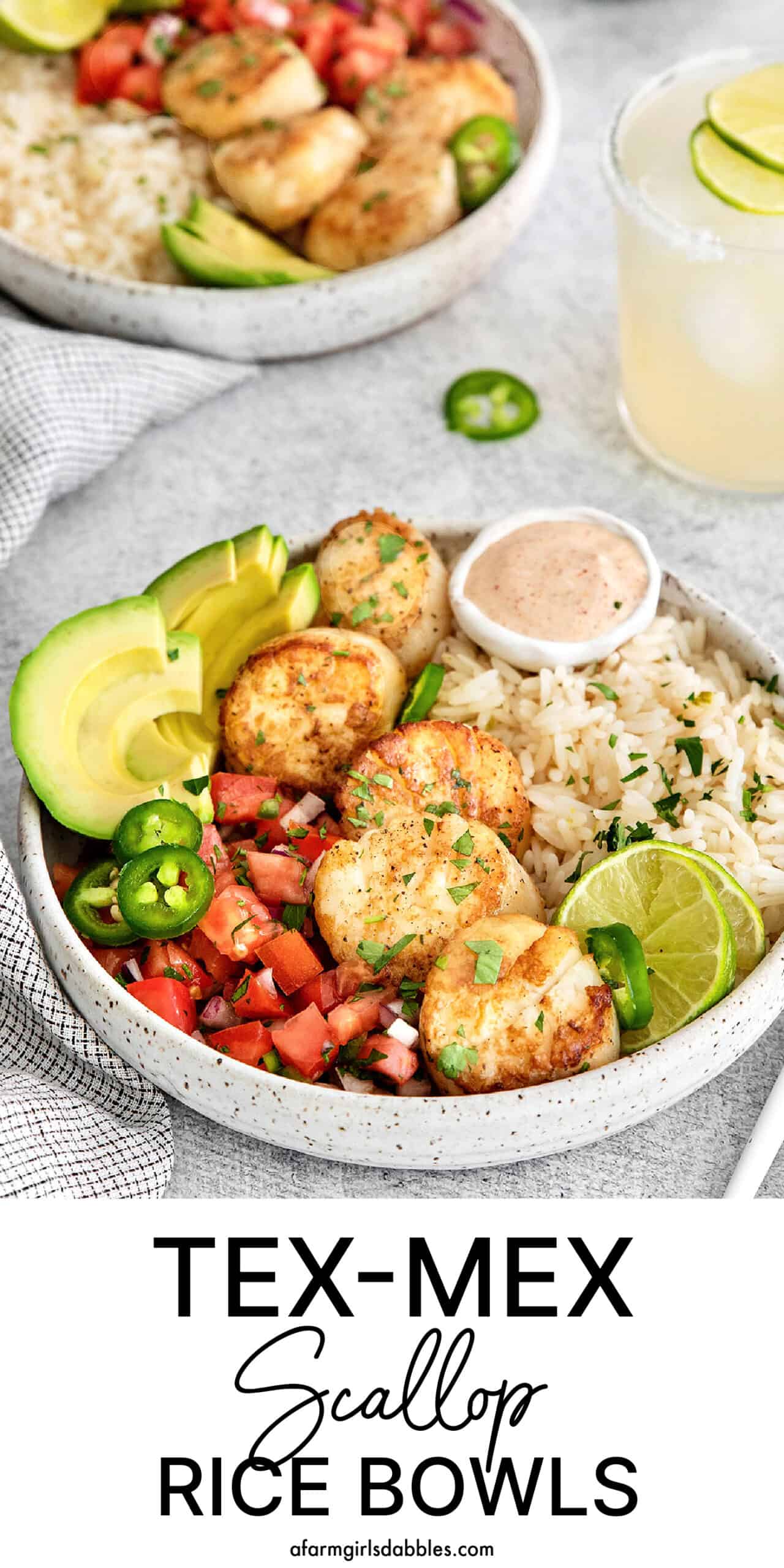 Pinterest image for Tex-Mex scallop rice bowls