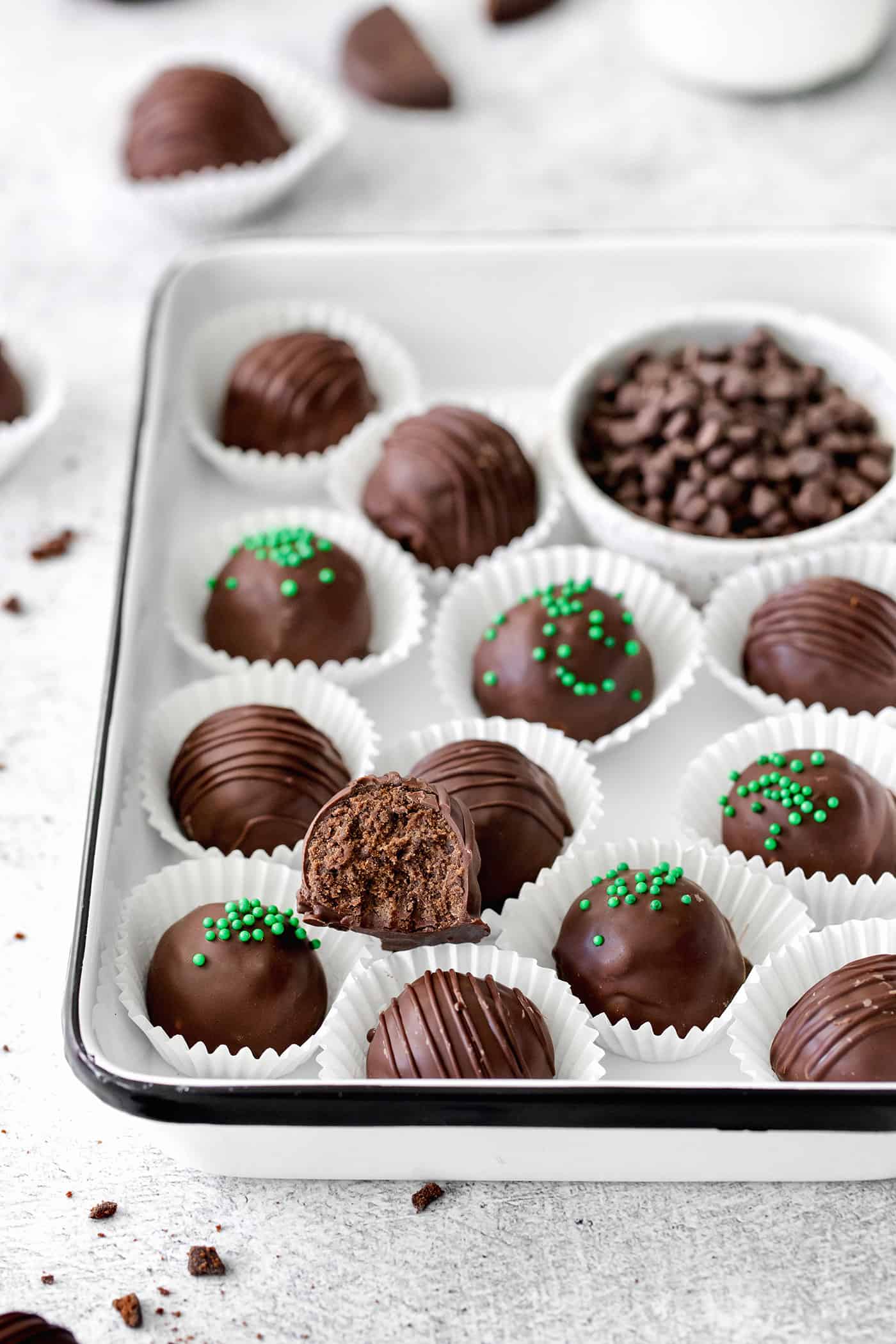 Angled view of a tray of thin mint truffles