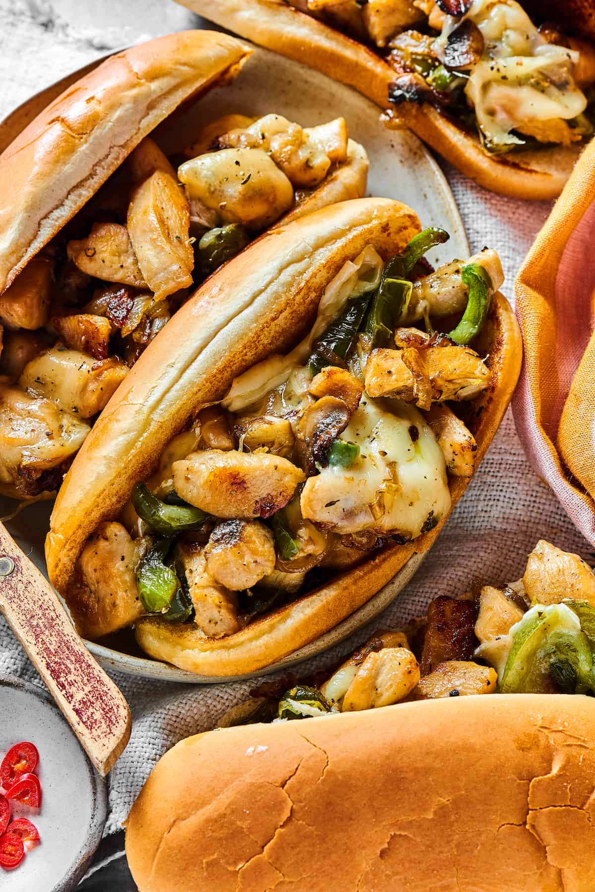 Overhead view of chicken cheesesteak sandwiches