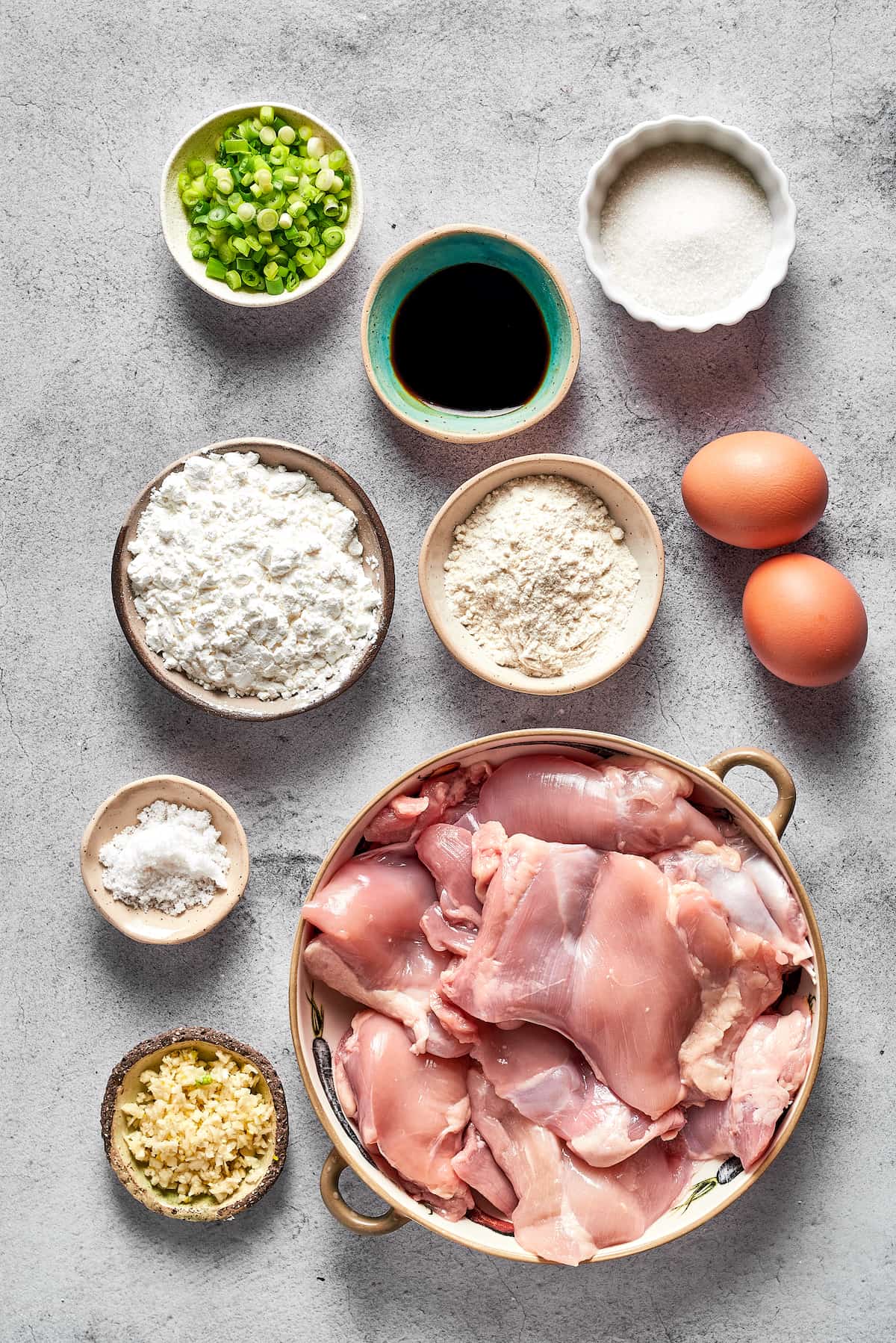 Overhead view of mochiko chicken ingredients