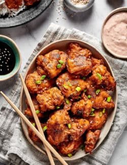 Overhead view of a platter of mochiko chicken