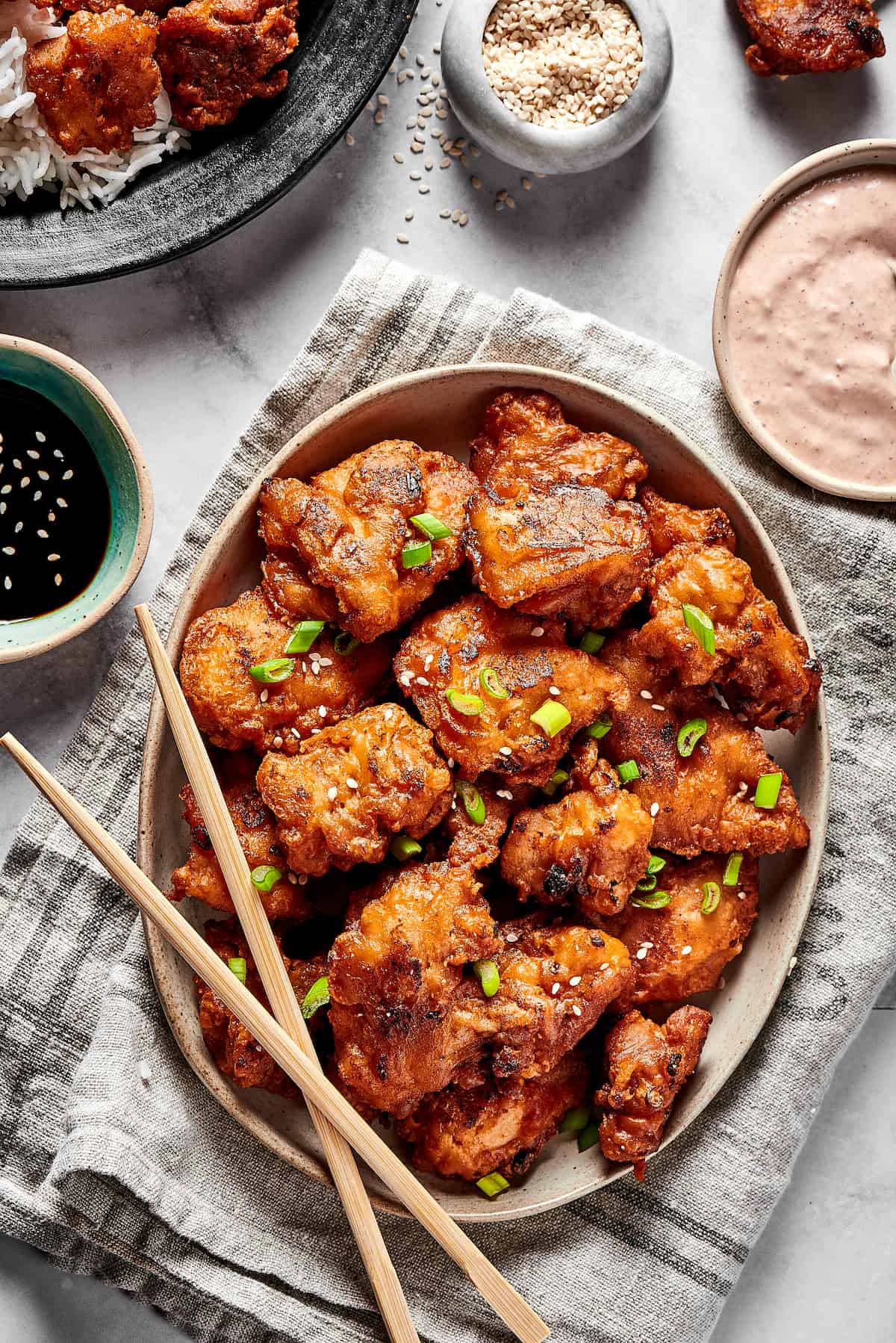 Overhead view of a platter of mochiko chicken