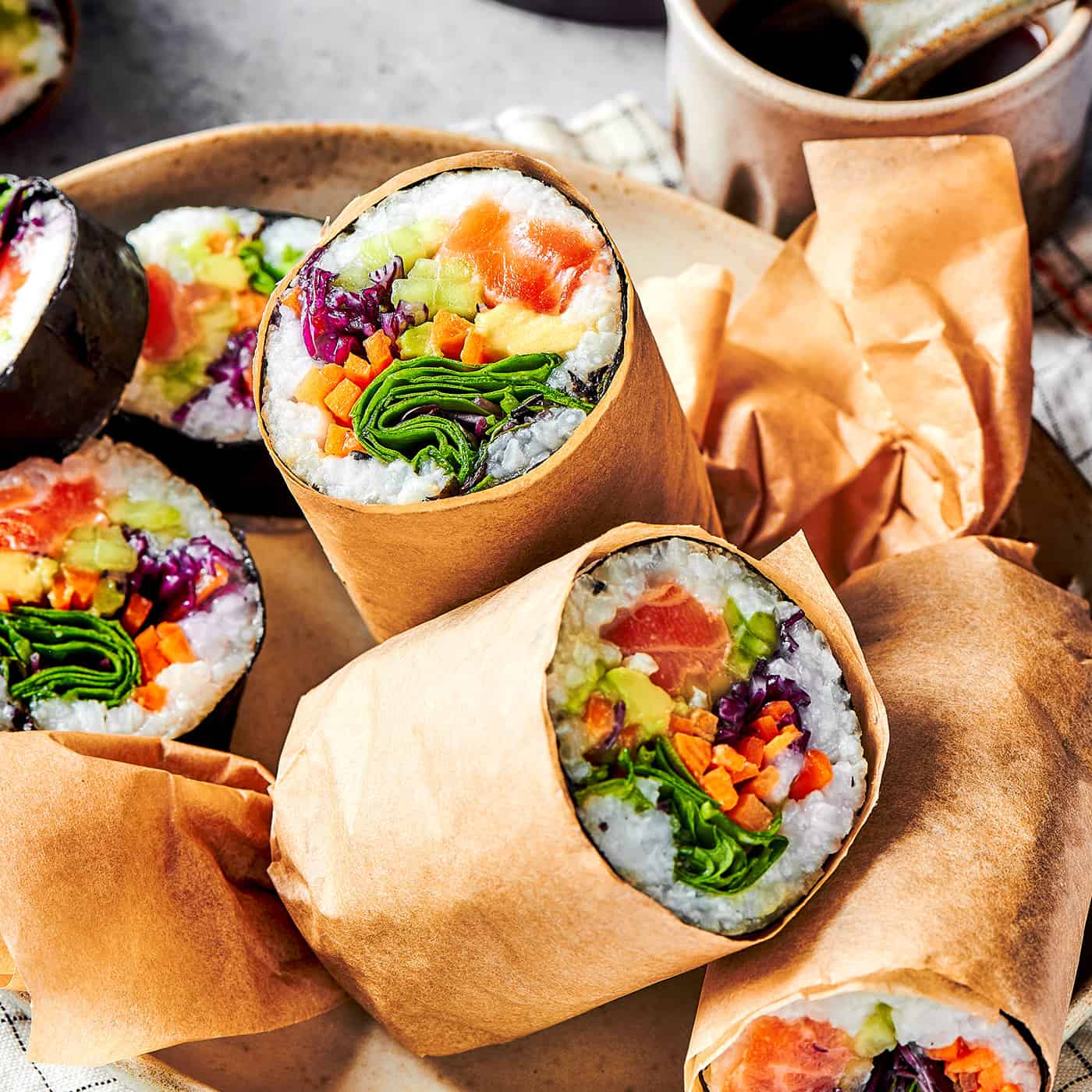 burritos made with sushi ingredients, cut in half
