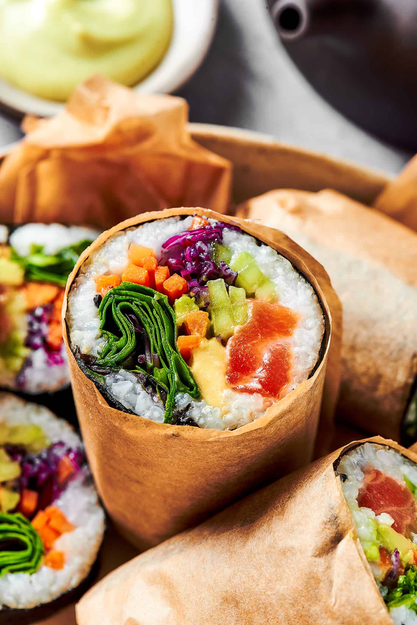 close-up photo of the inside of a sushi burrito