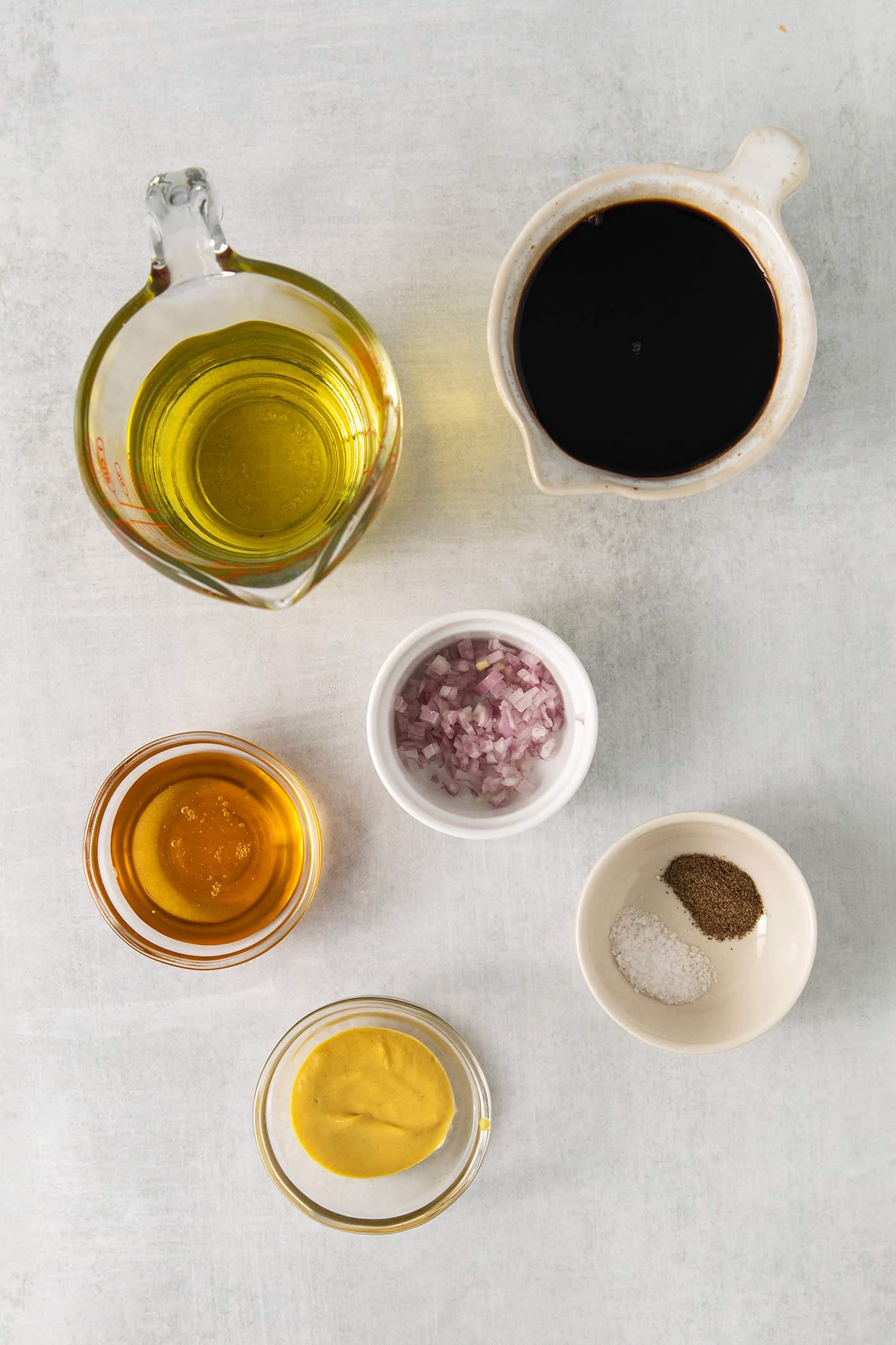 Overhead view of balsamic vinaigrette ingredients