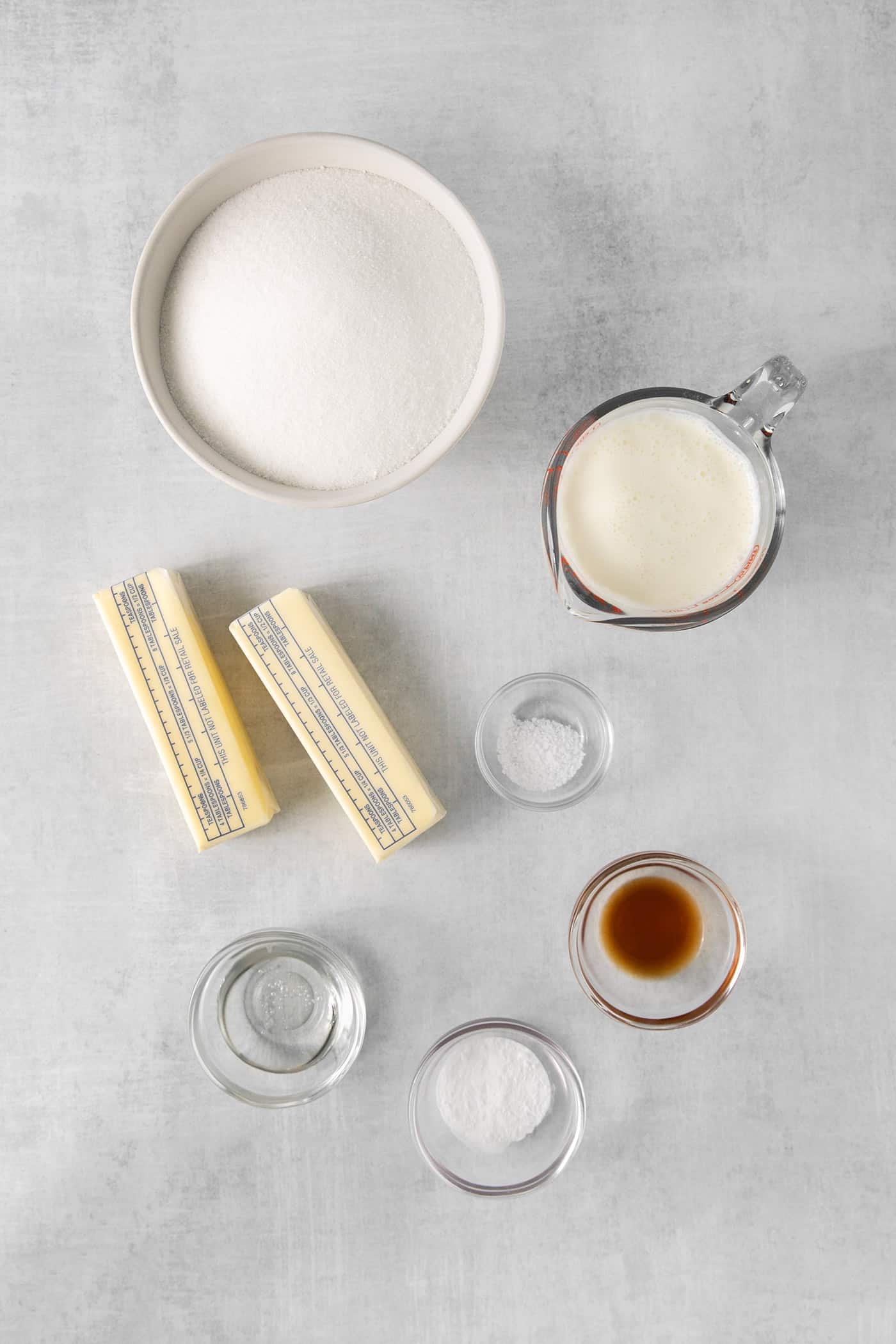 Overhead view of caramel buttermilk ingredients
