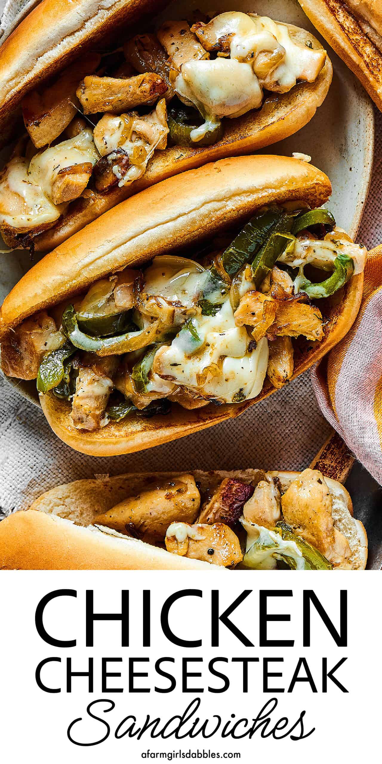 Pinterest image for chicken cheesesteak sandwiches