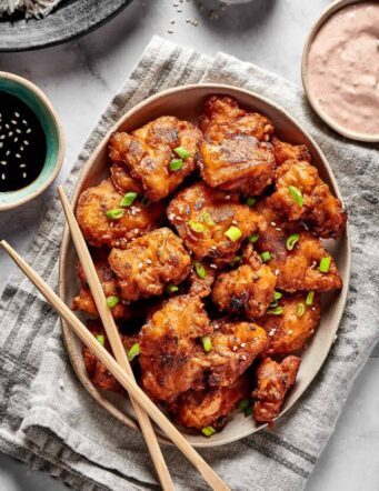 Overhead view of a platter of mochiko chicken