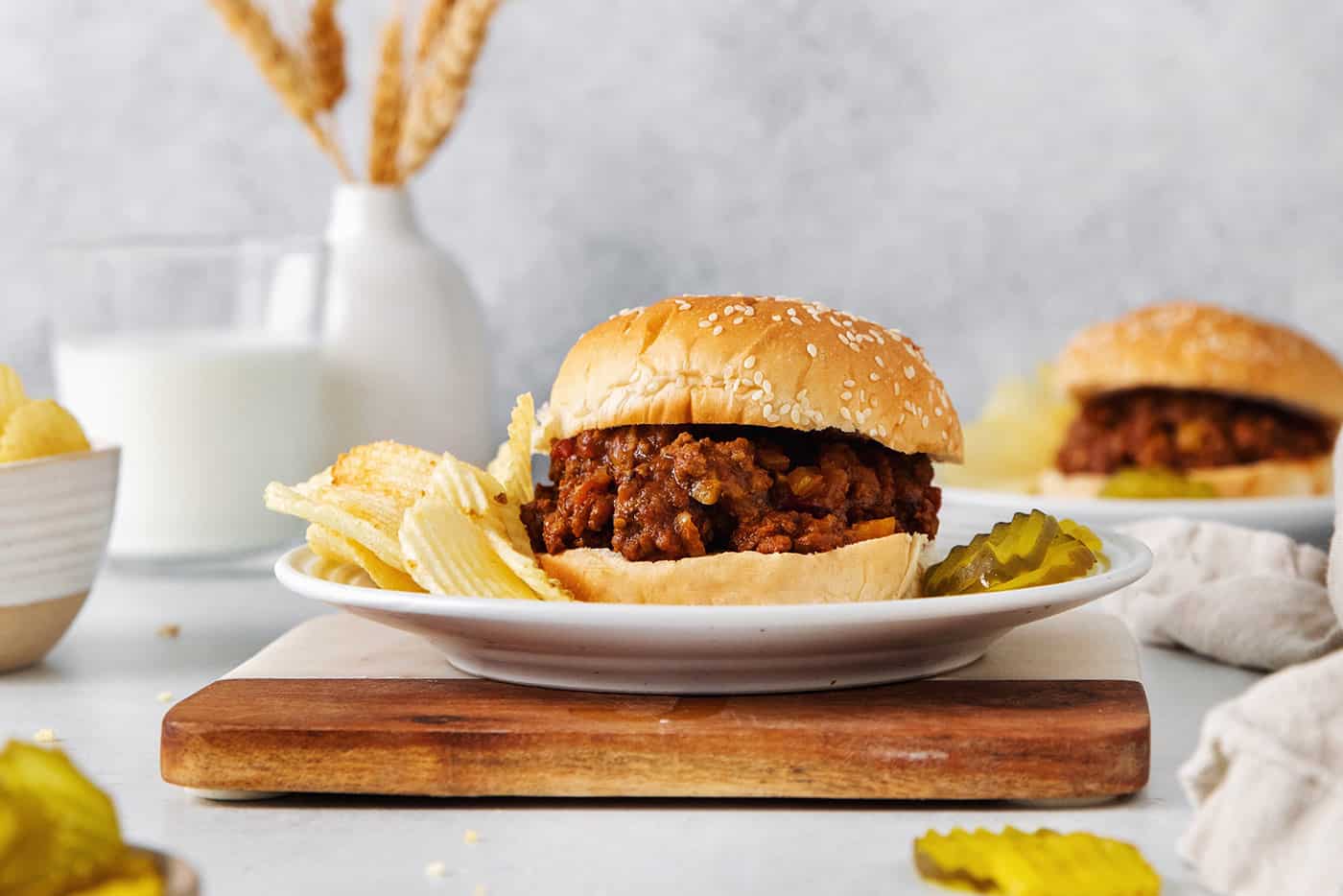 A sloppy joe sandwich on a plate