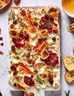 bacon butter on a butter board, plus crostini, honey, and nuts