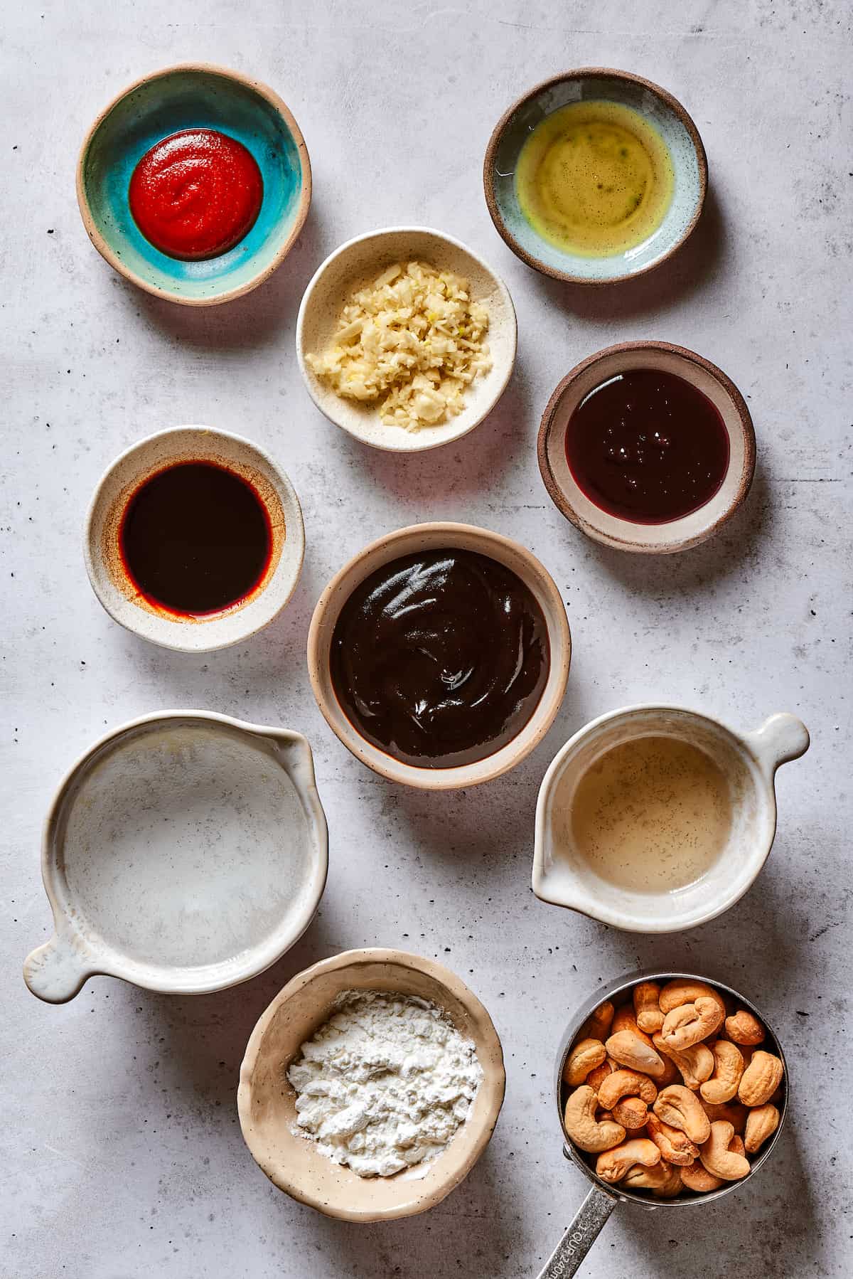 Overhead view of cashew chicken ingredients