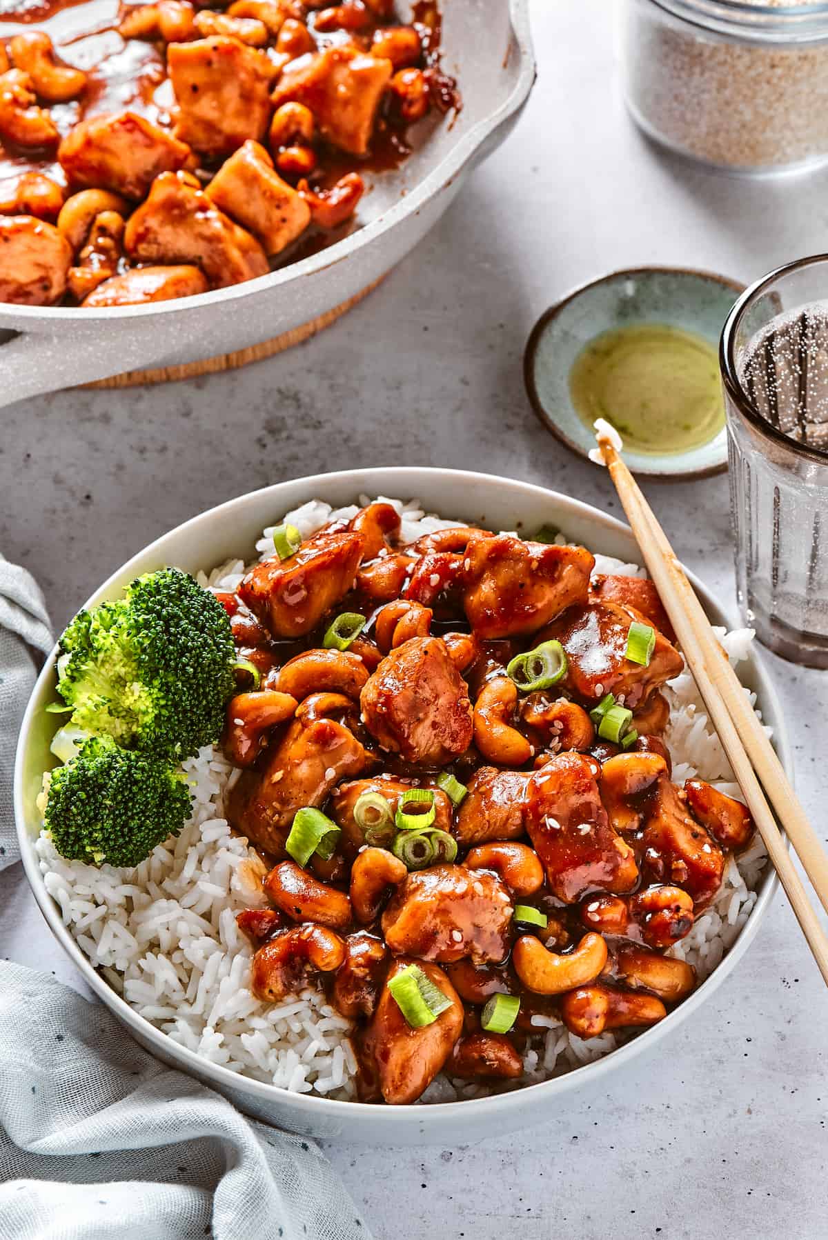 Cashew chicken over a bed of rice