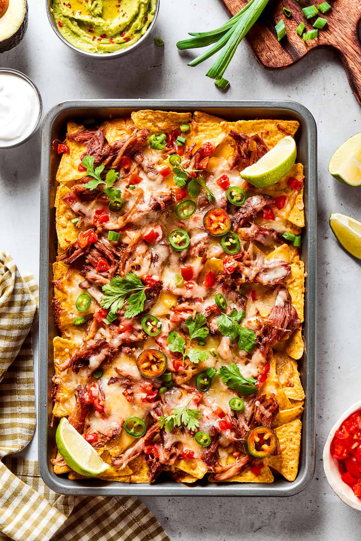 Overhead view of pulled pork baked nachos