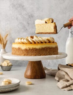 A slice of banana pudding cheesecake being served