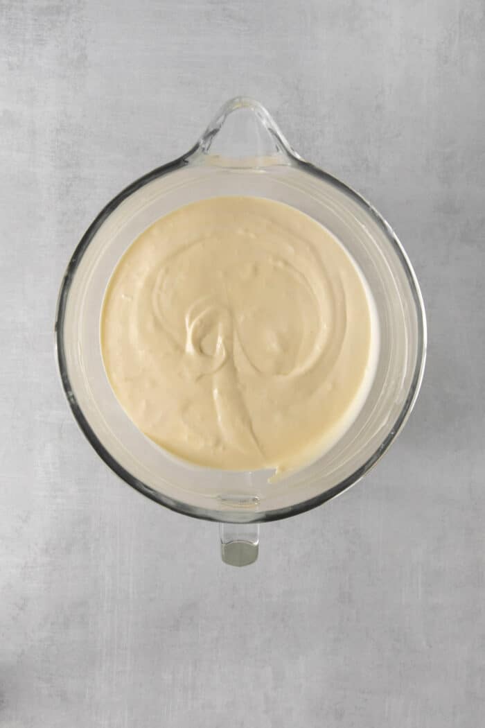 Banana pudding cheesecake filling in a mixing bowl