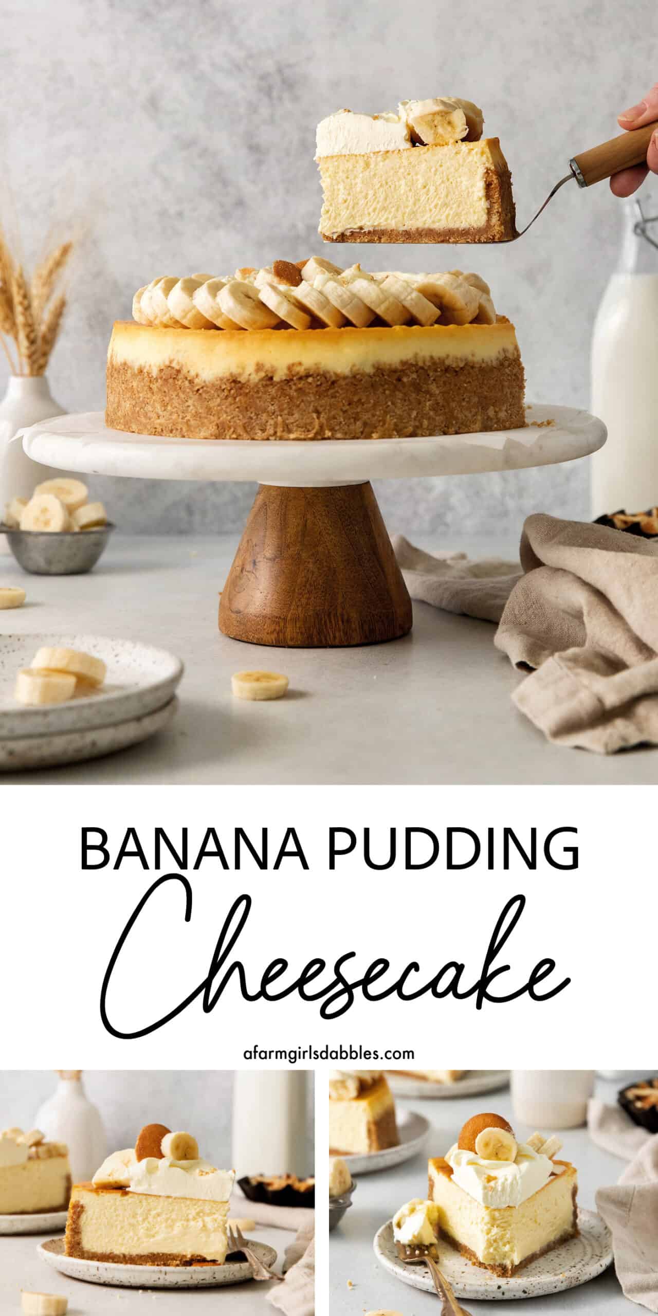 Pinterest image for banana pudding cheesecake