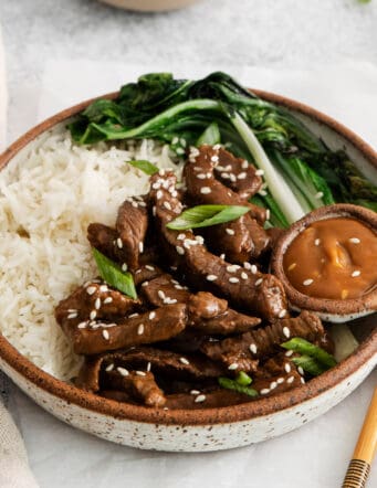 Angled view of a beef bulgogi rice bowl