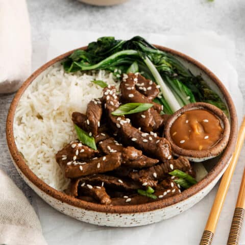 Angled view of a beef bulgogi rice bowl