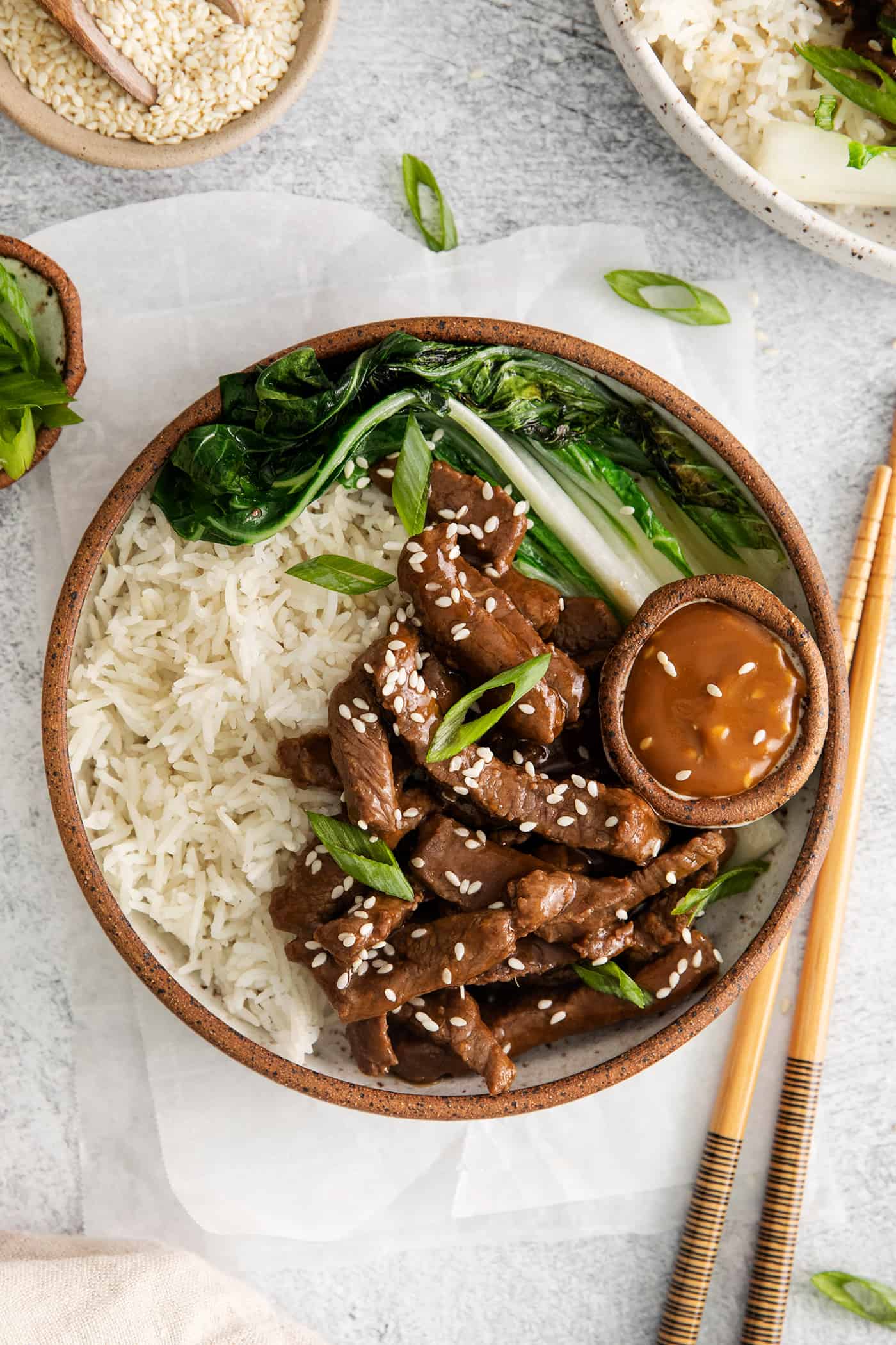 Overhead view of beef bulgogi rice bowl