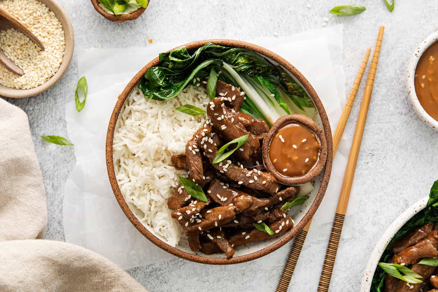 Overhead view of a Korean beef bulgogi rice bowl