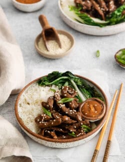 Angled view of a beef bulgogi rice bowl