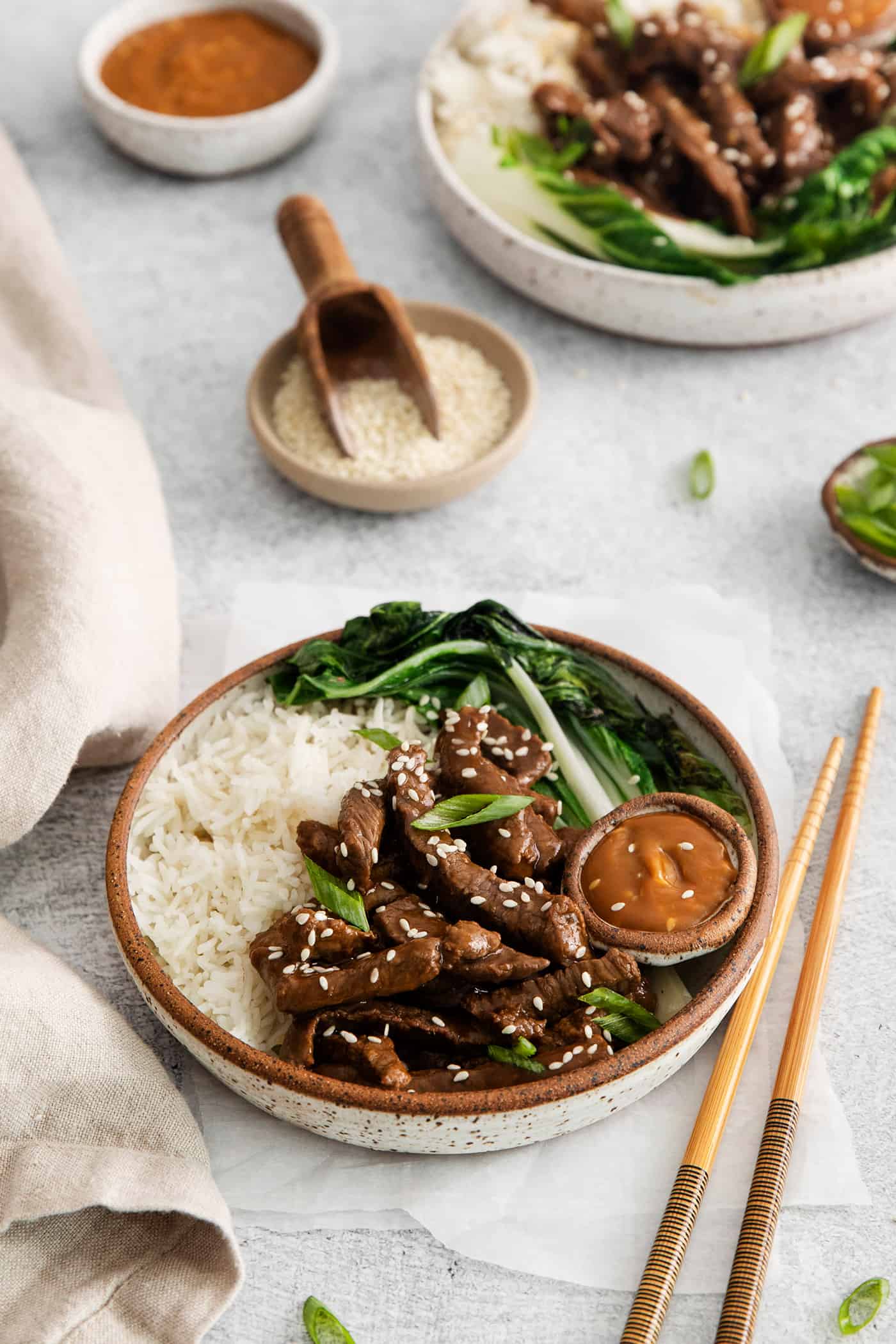 Angled view of a beef bulgogi rice bowl