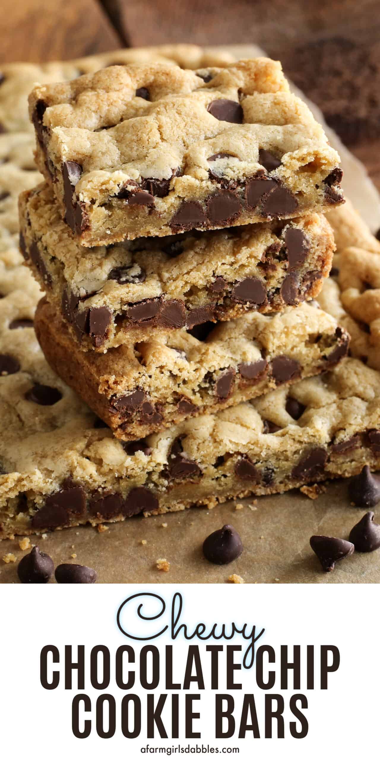 Pinterest image for chewy chocolate chip cookie bars