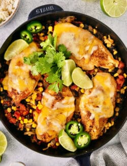 Overhead view of cowboy chicken in a skillet