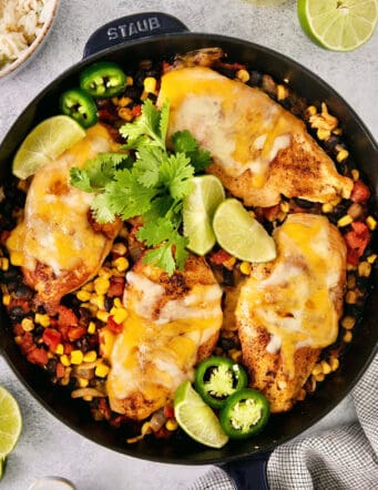 Overhead view of cowboy chicken in a skillet