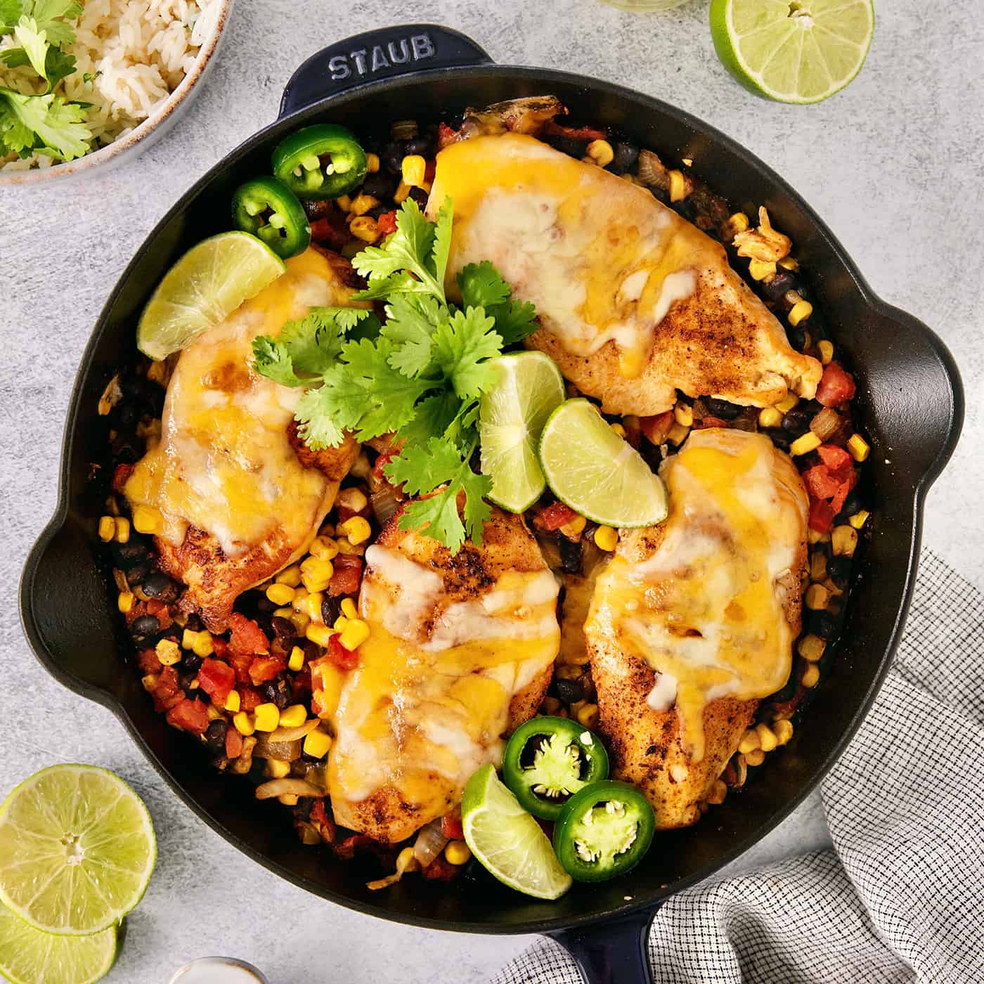 Overhead view of cowboy chicken in a skillet