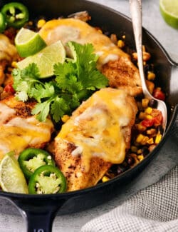 Overhead view of cowboy chicken skillet