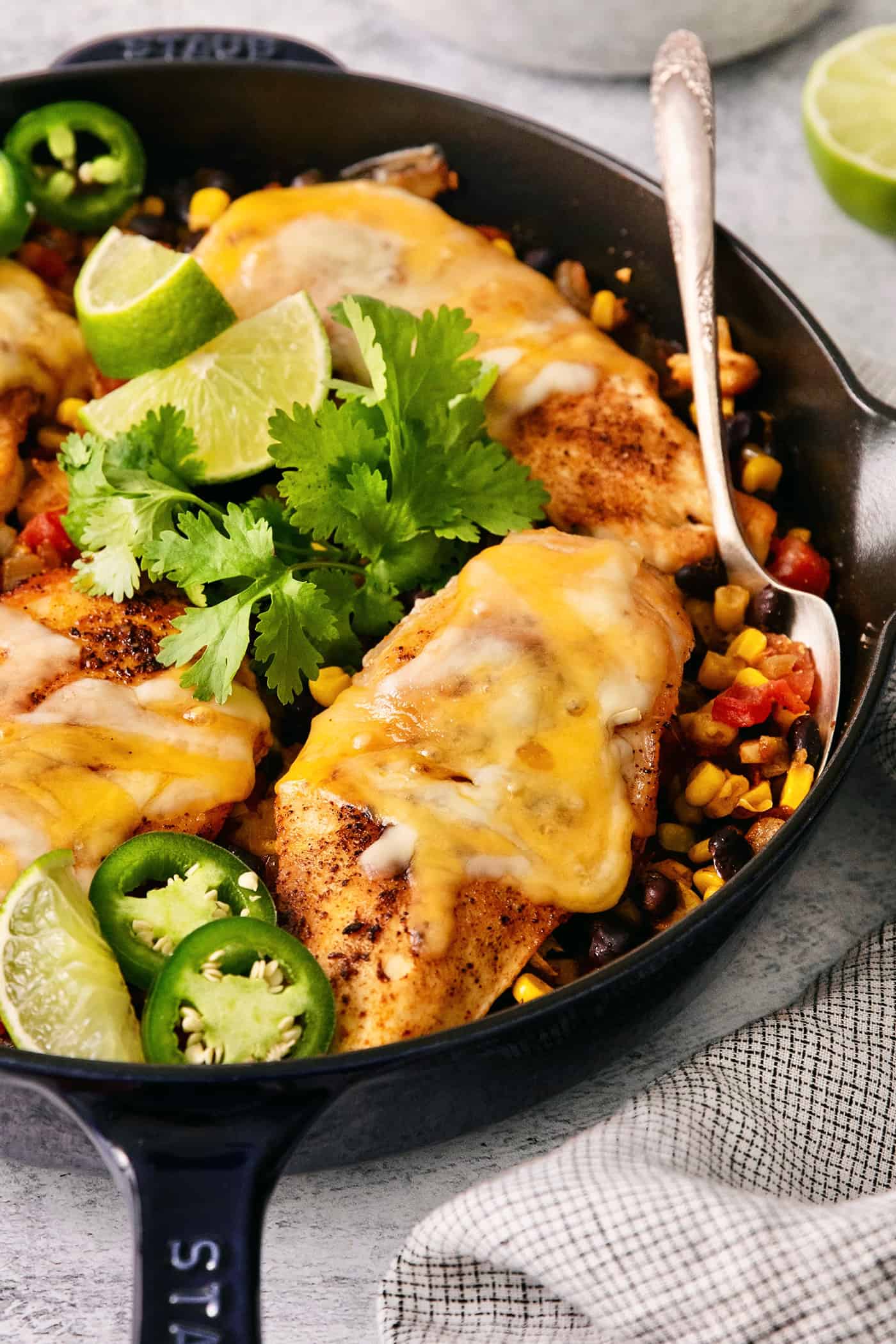 Overhead view of cowboy chicken skillet