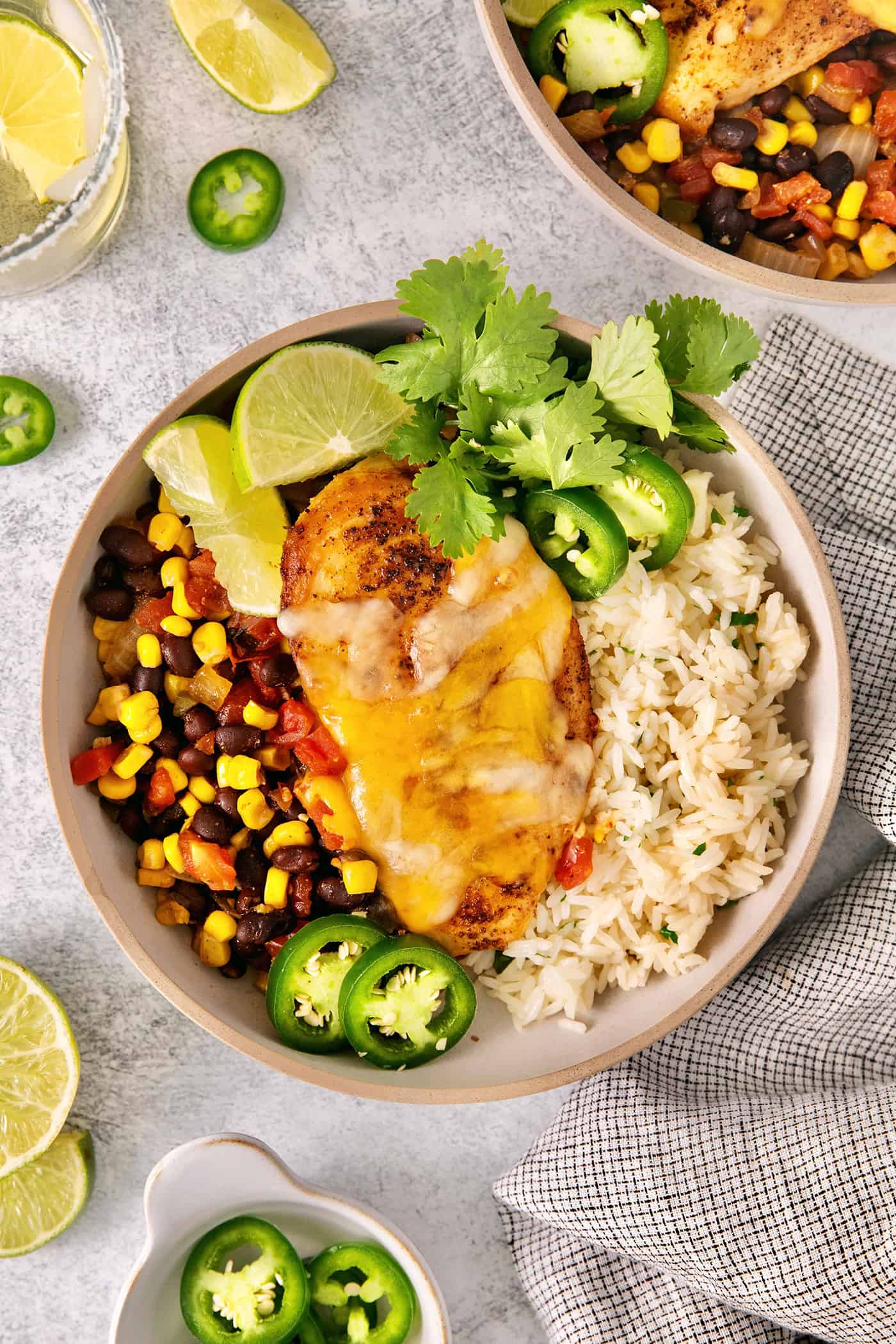 Overhead view of a bowl of cowboy chicken with rice