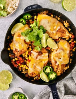 Overhead view of santa fe chicken in a skillet