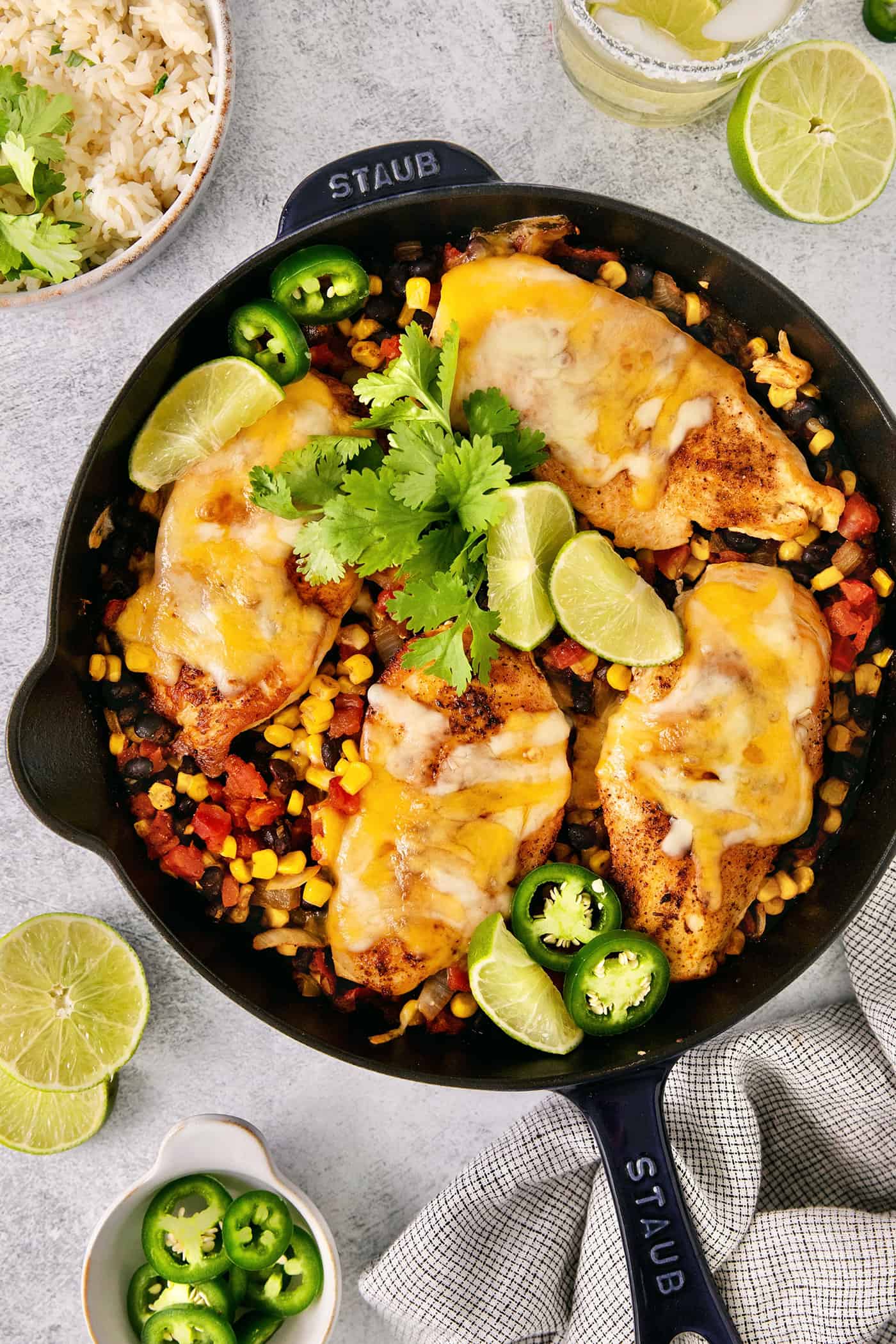 Overhead view of santa fe chicken in a skillet