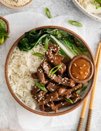 Overhead view of beef bulgogi rice bowl