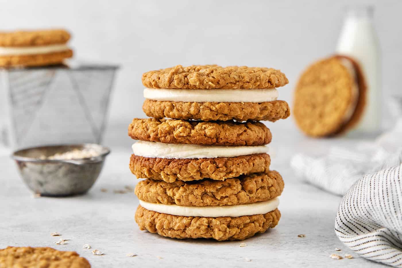 A stack of three oatmeal cream pies