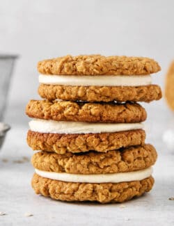 A stack of three oatmeal cream pies