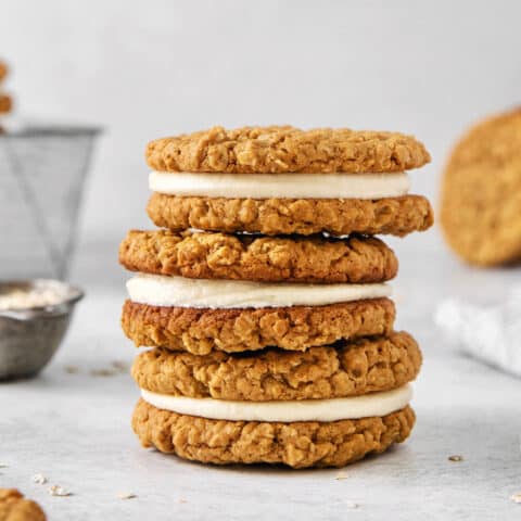 A stack of three oatmeal cream pies