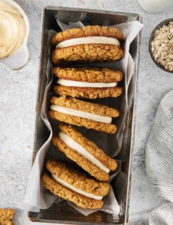 Overhead view of oatmeal creme pies on their side