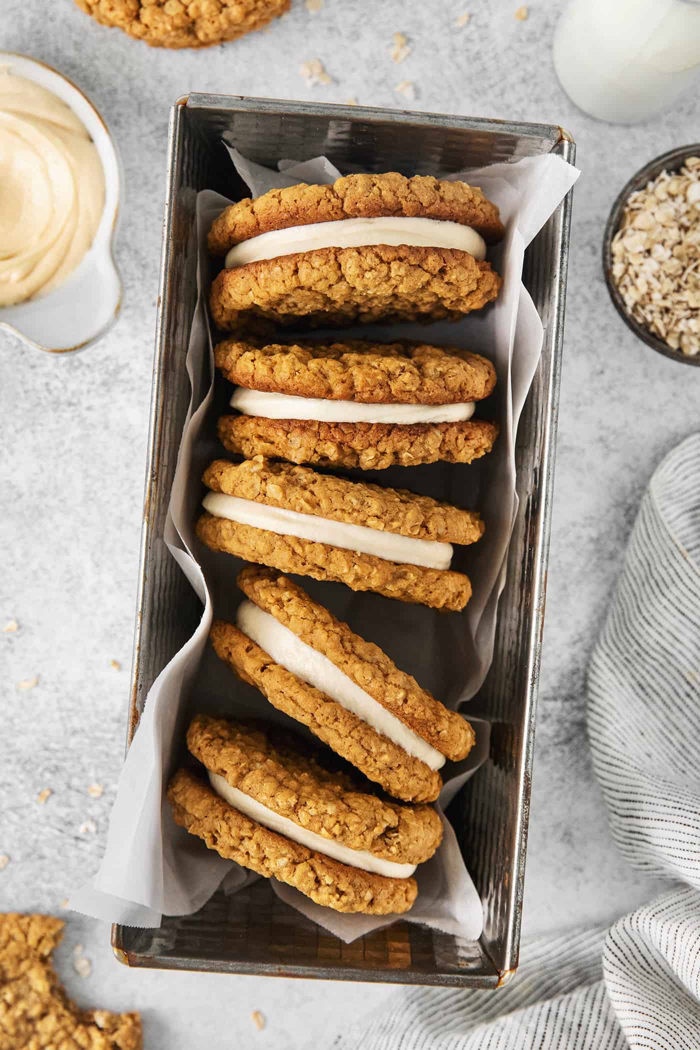 Overhead view of oatmeal creme pies on their side