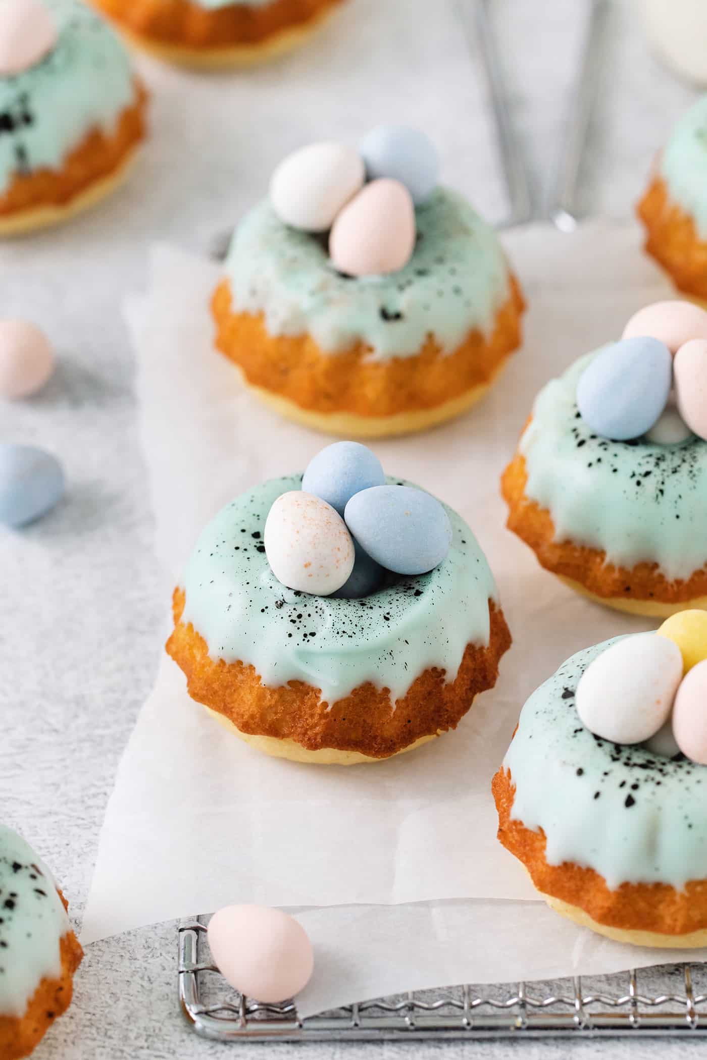 Overhead view of robin's egg mini bundt cakes