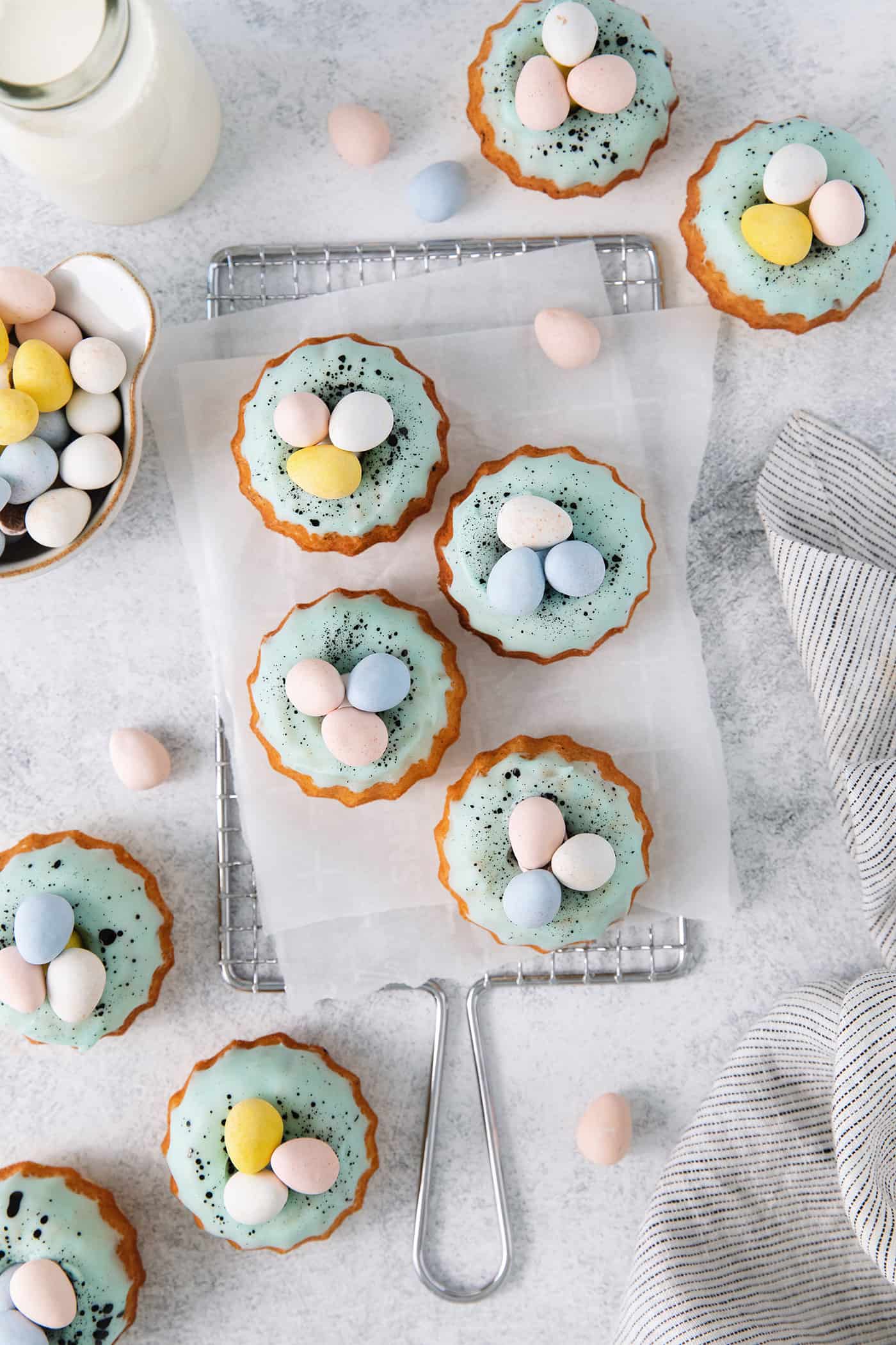 Overhead view of robin's egg bundt cakes