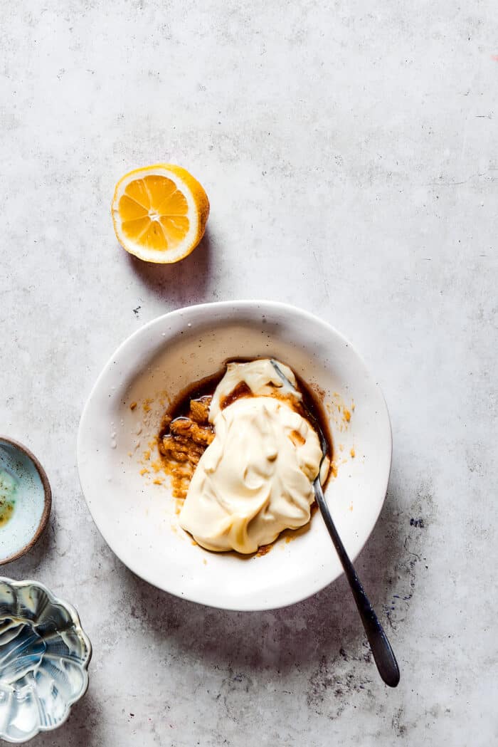 Garlic aioli ingredients in a bowl