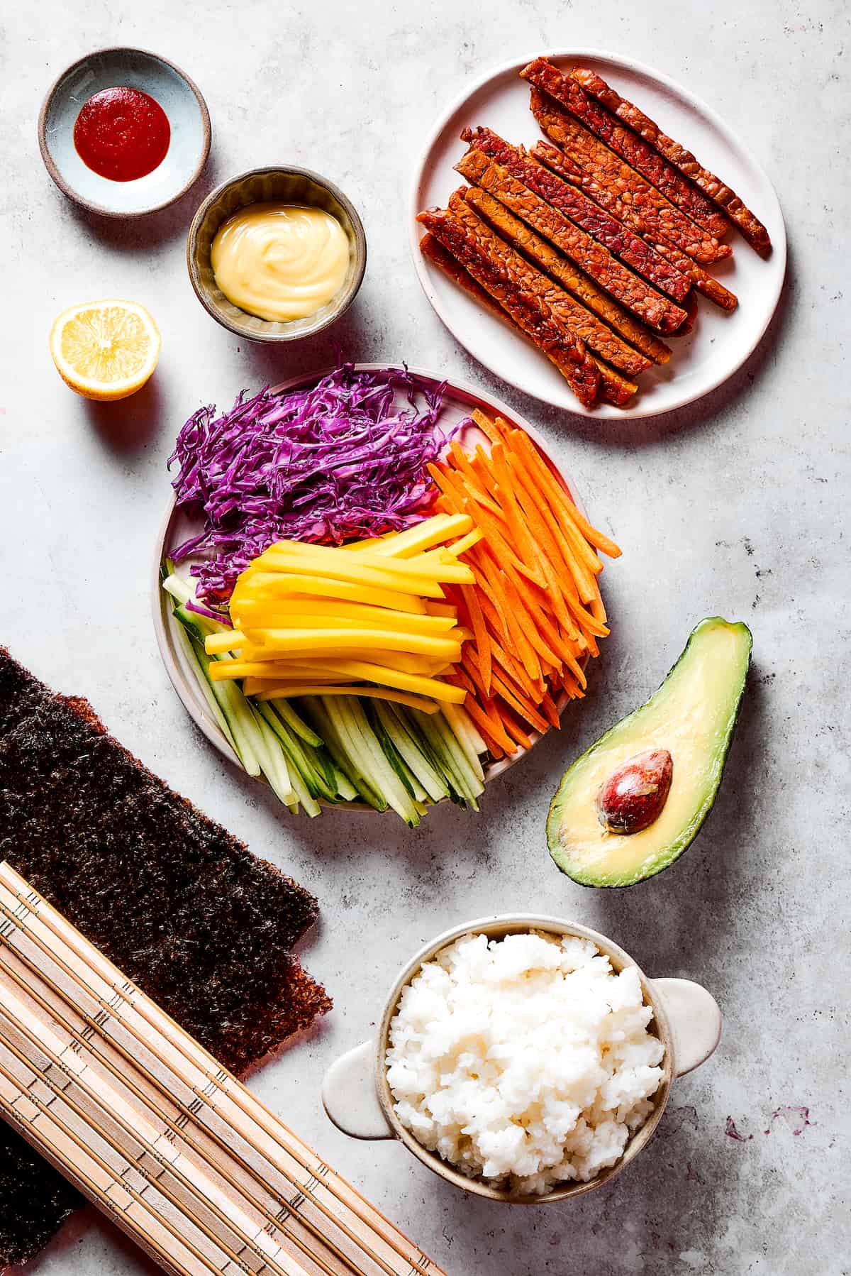 Overhead view of vegan sushi ingredients