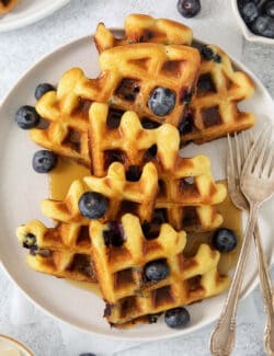 Blueberry waffles topped with blueberries are shown on a white plate with forks.