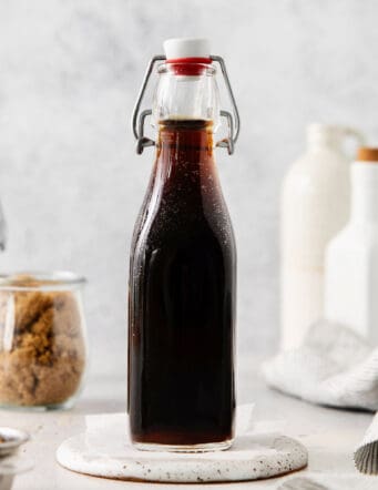 simple syrup made with brown sugar, in a tall bottle