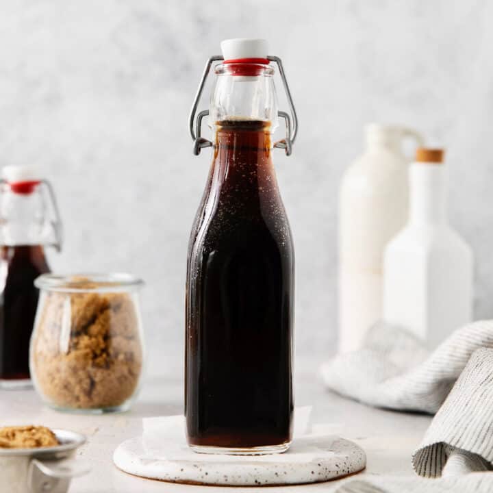 simple syrup made with brown sugar, in a tall bottle