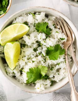 Overhead view of a bowl of cilantro lime rice