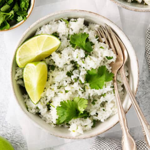 Overhead view of a bowl of cilantro lime rice